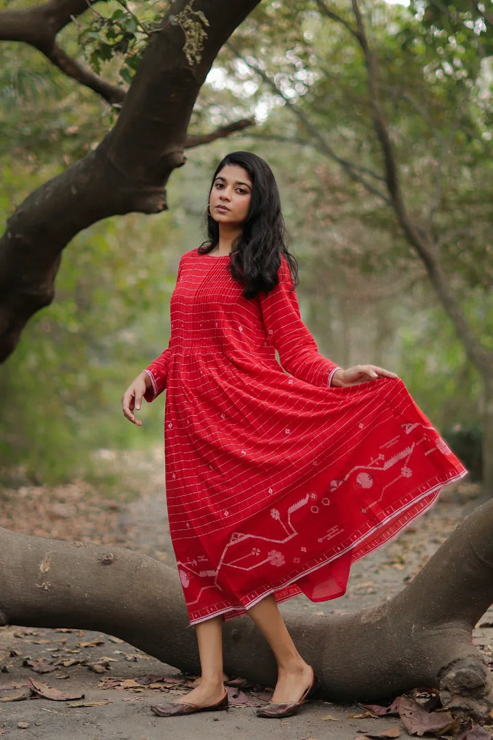 Scarlet Red Cotton Jamdani Dress | SHOBITAM
