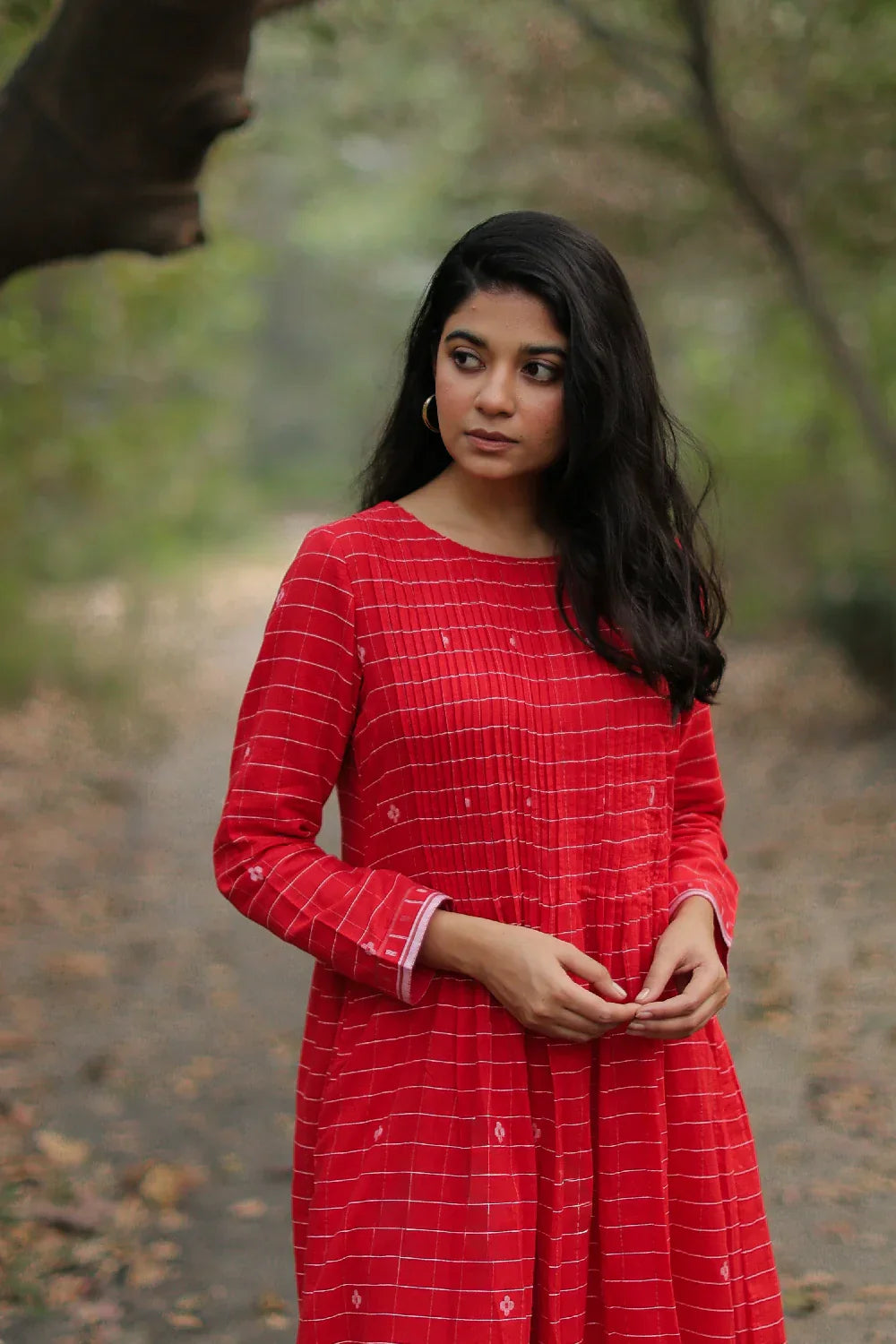 Scarlet Red Cotton Jamdani Dress | SHOBITAM