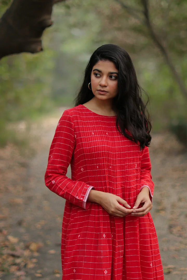 Scarlet Red Cotton Jamdani Dress | SHOBITAM