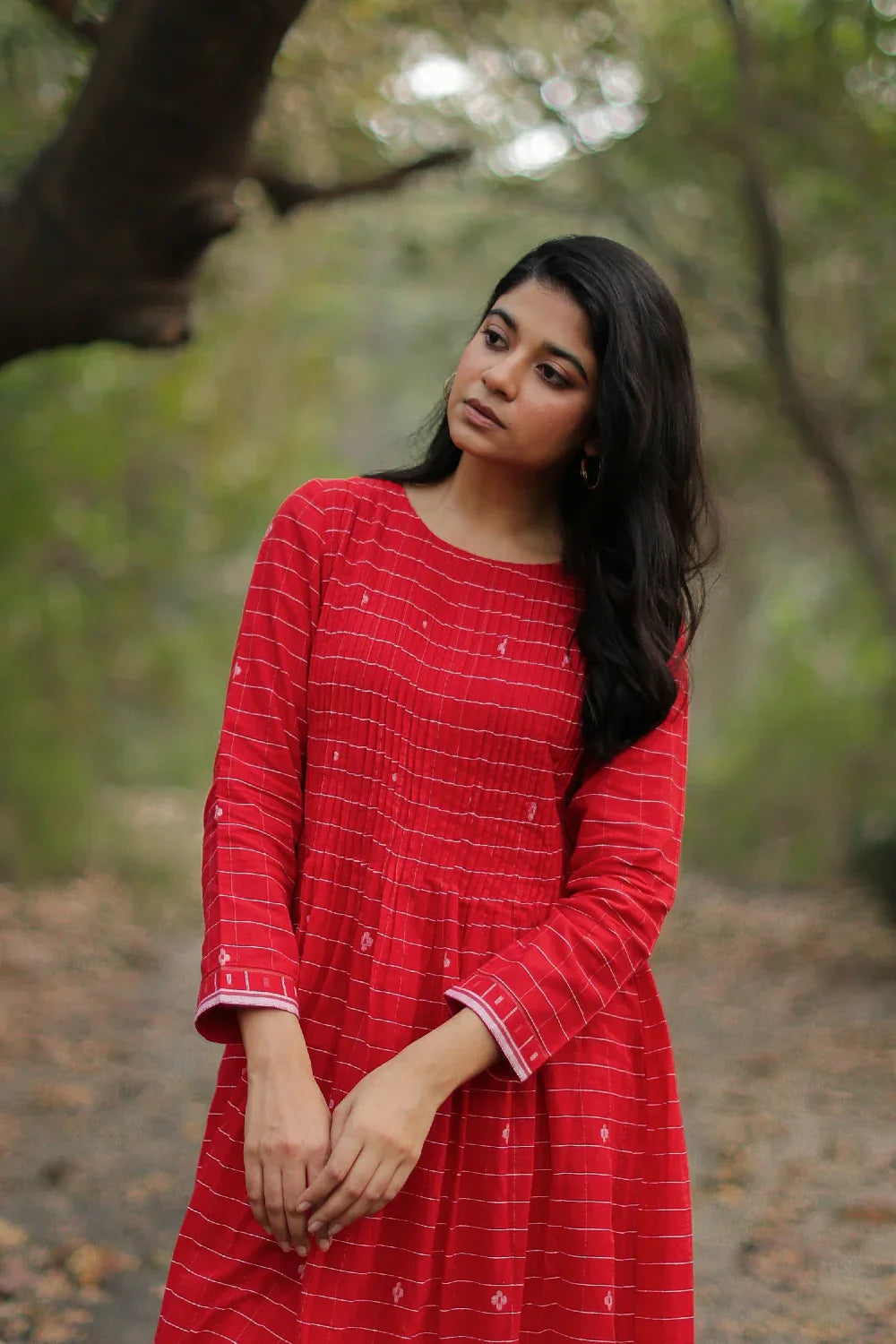 Scarlet Red Cotton Jamdani Dress | SHOBITAM