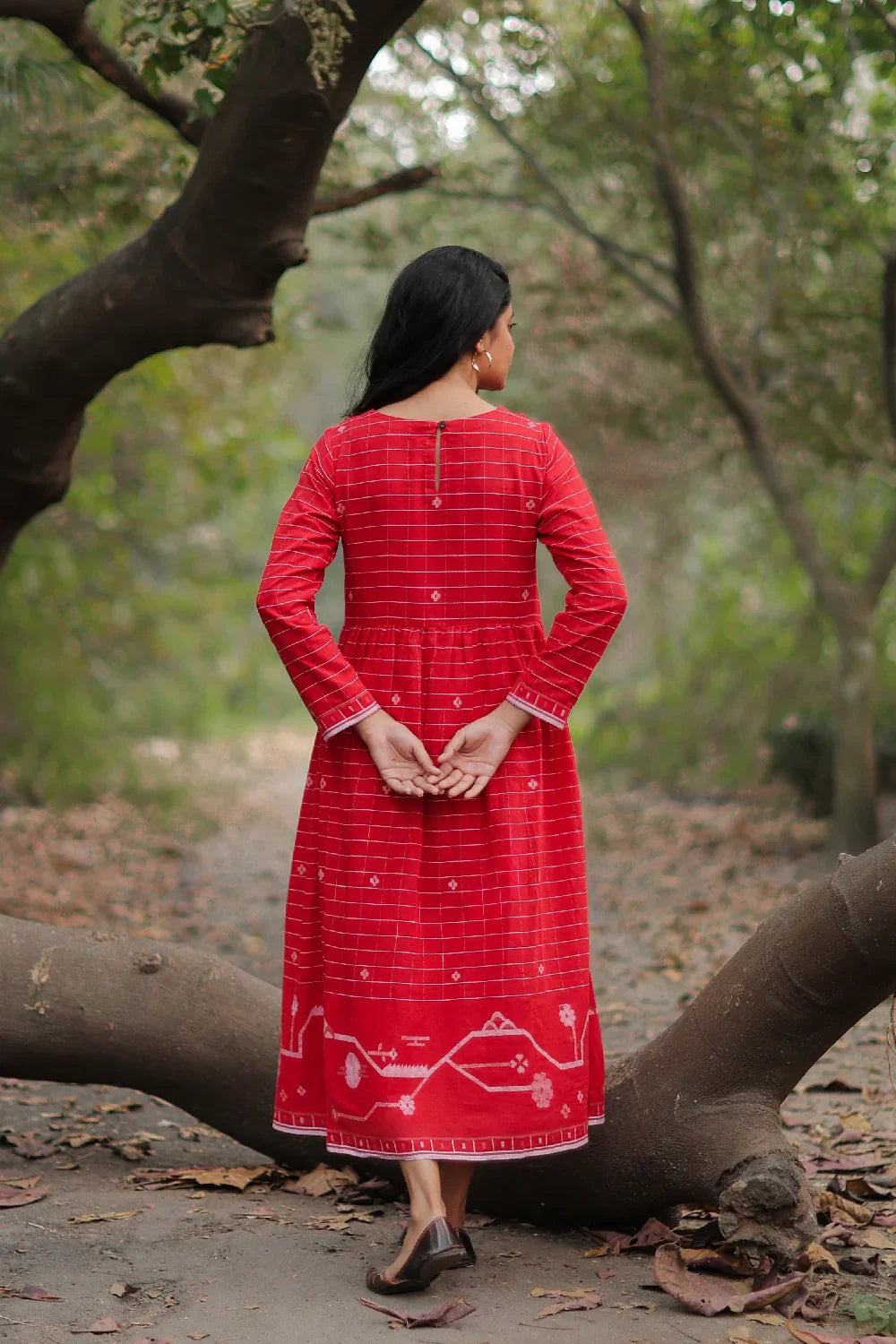 Scarlet Red Cotton Jamdani Dress | SHOBITAM