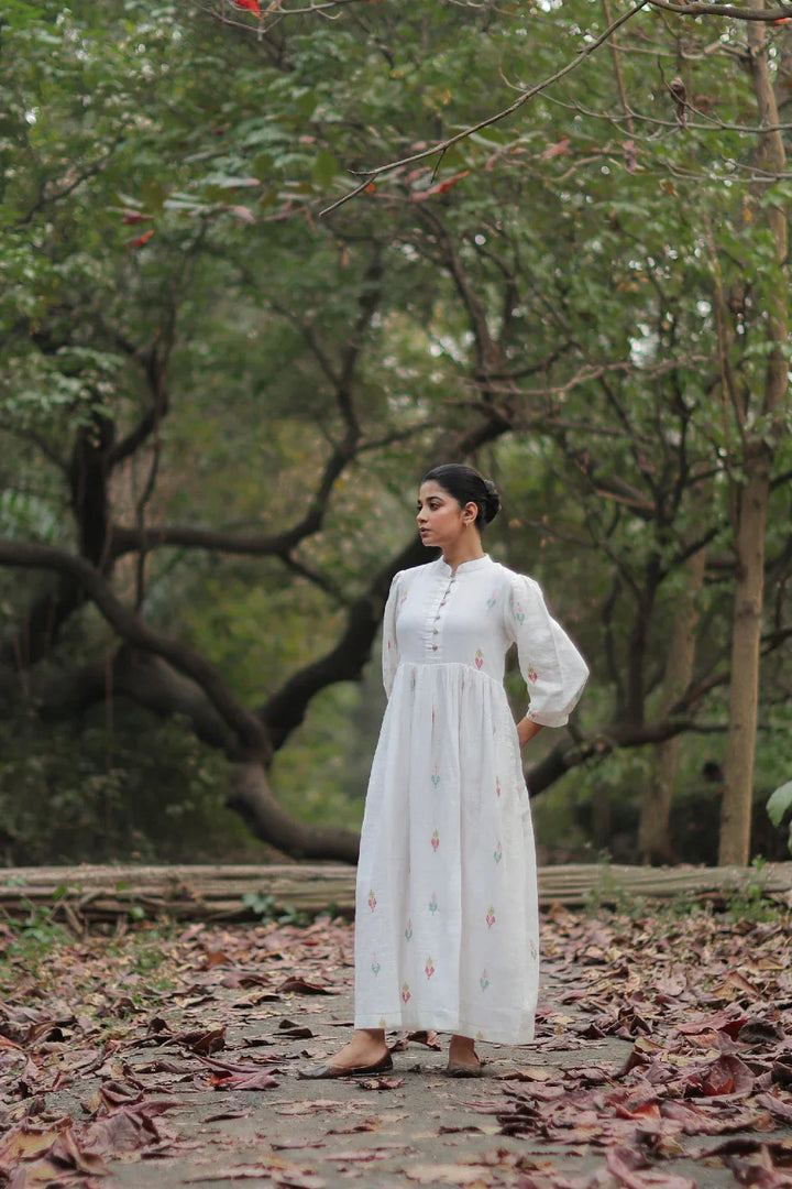 Whimsy White Cotton Jamdani Dress | SHOBITAM