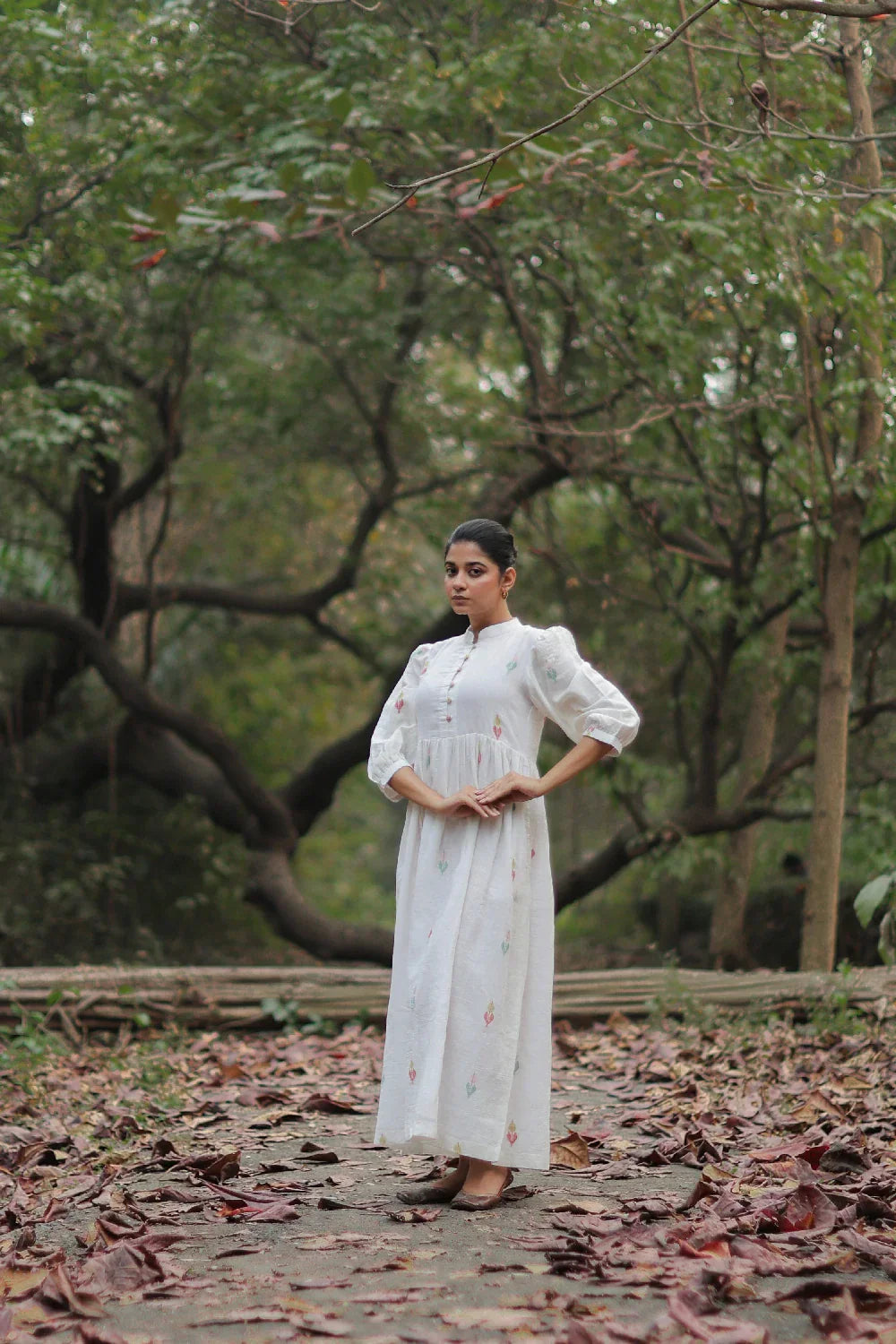 Whimsy White Cotton Jamdani Dress | SHOBITAM