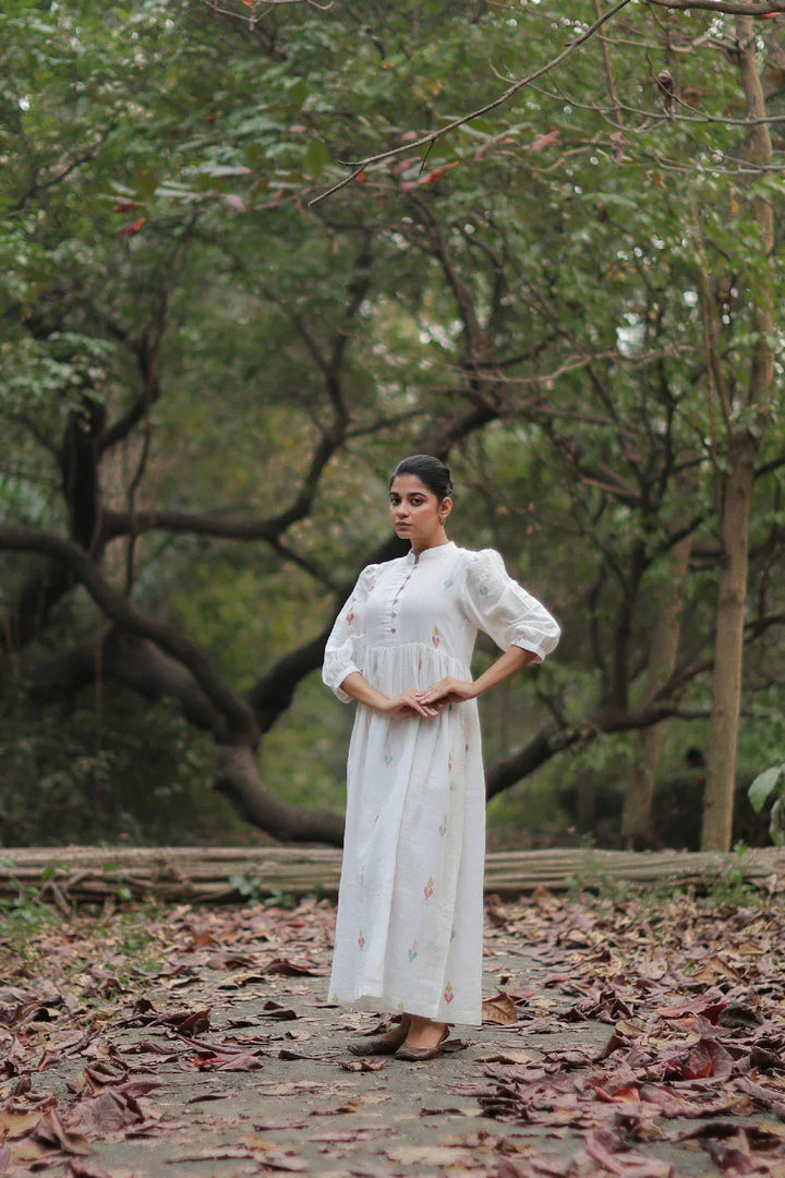 Whimsy White Cotton Jamdani Dress | SHOBITAM