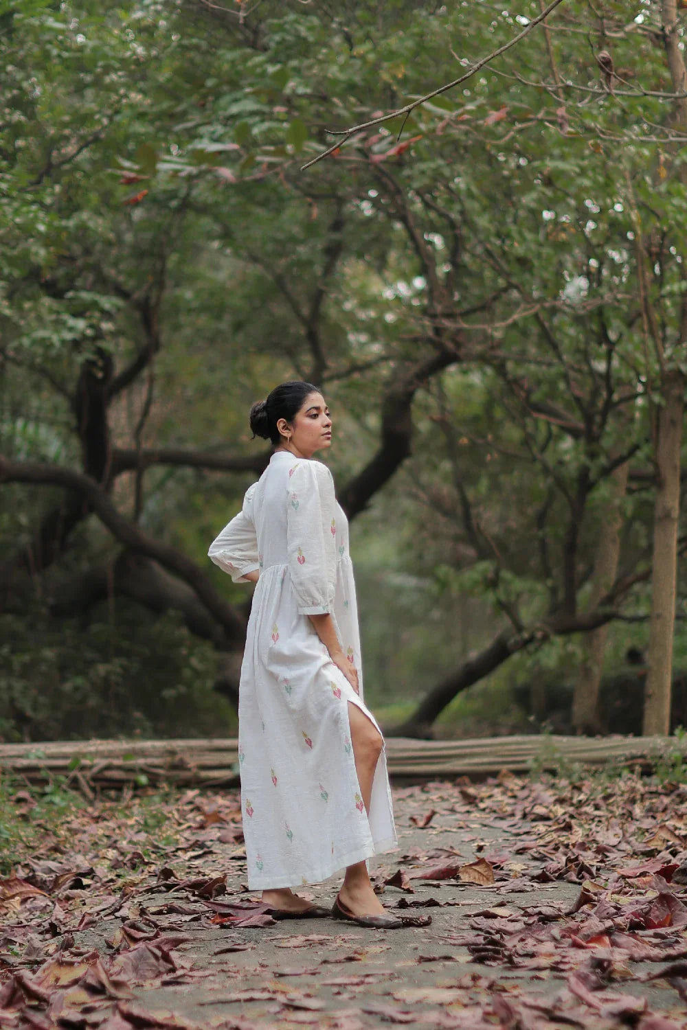 Whimsy White Cotton Jamdani Dress | SHOBITAM