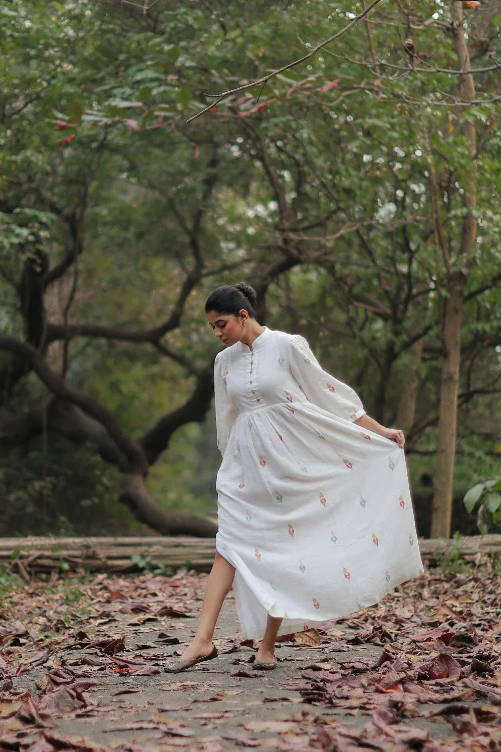 Whimsy White Cotton Jamdani Dress | SHOBITAM