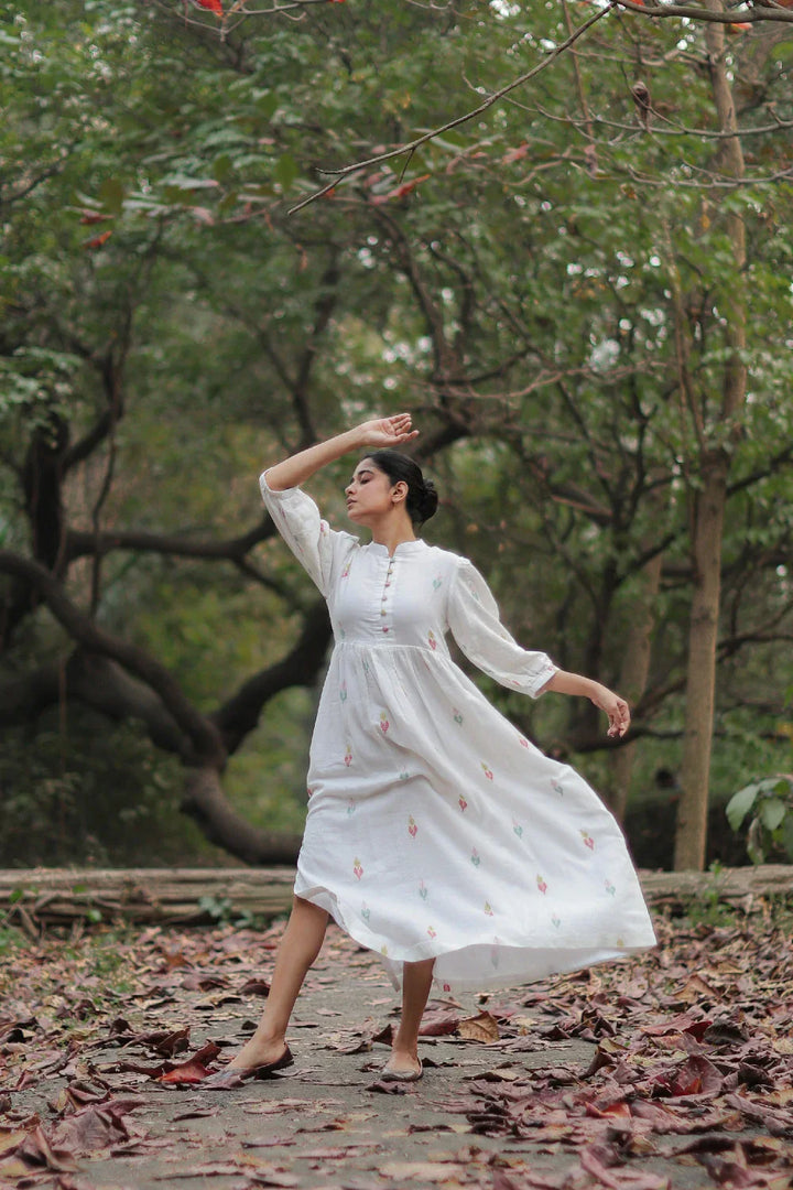 Whimsy White Cotton Jamdani Dress | SHOBITAM