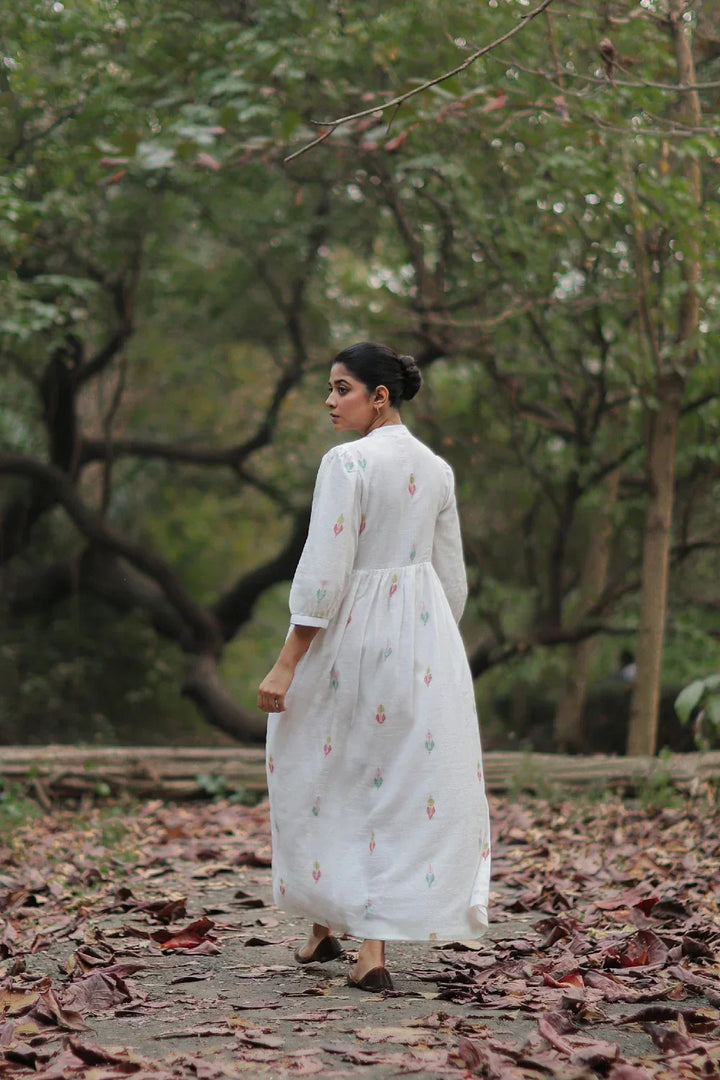 Whimsy White Cotton Jamdani Dress | SHOBITAM