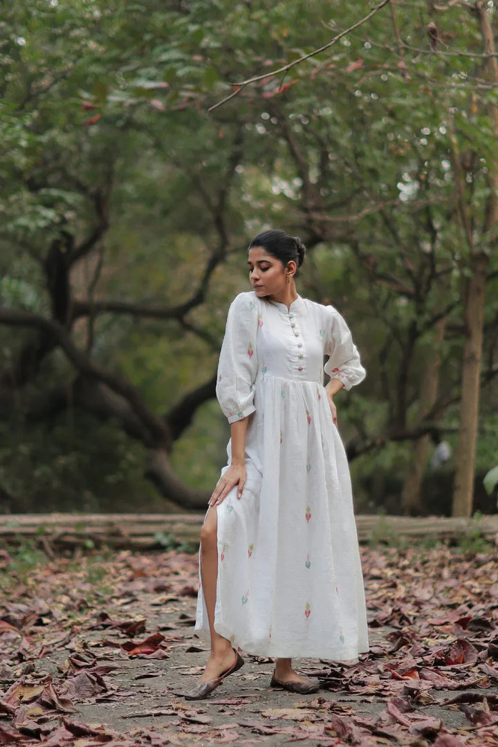 Whimsy White Cotton Jamdani Dress | SHOBITAM