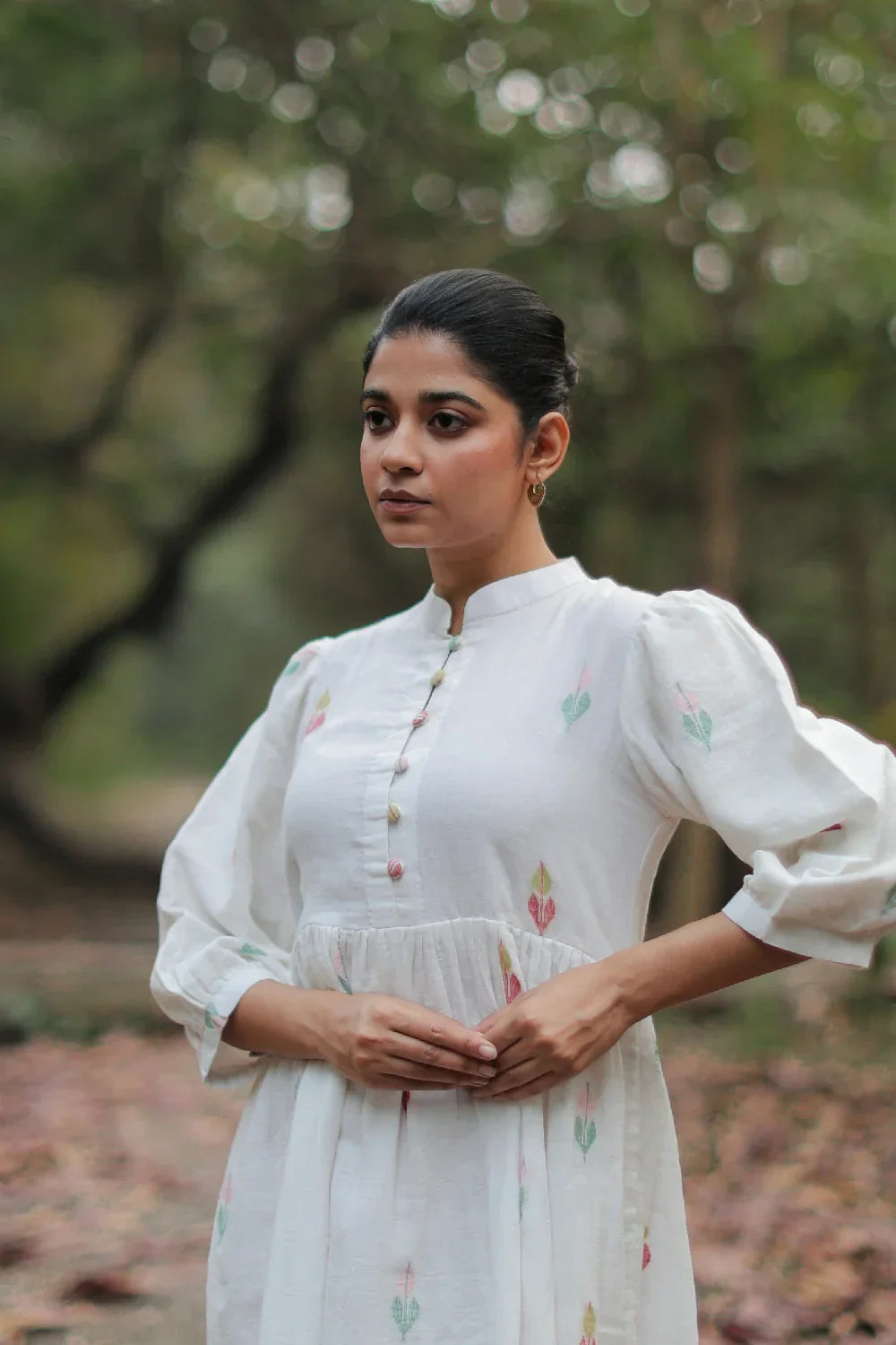 Whimsy White Cotton Jamdani Dress | SHOBITAM