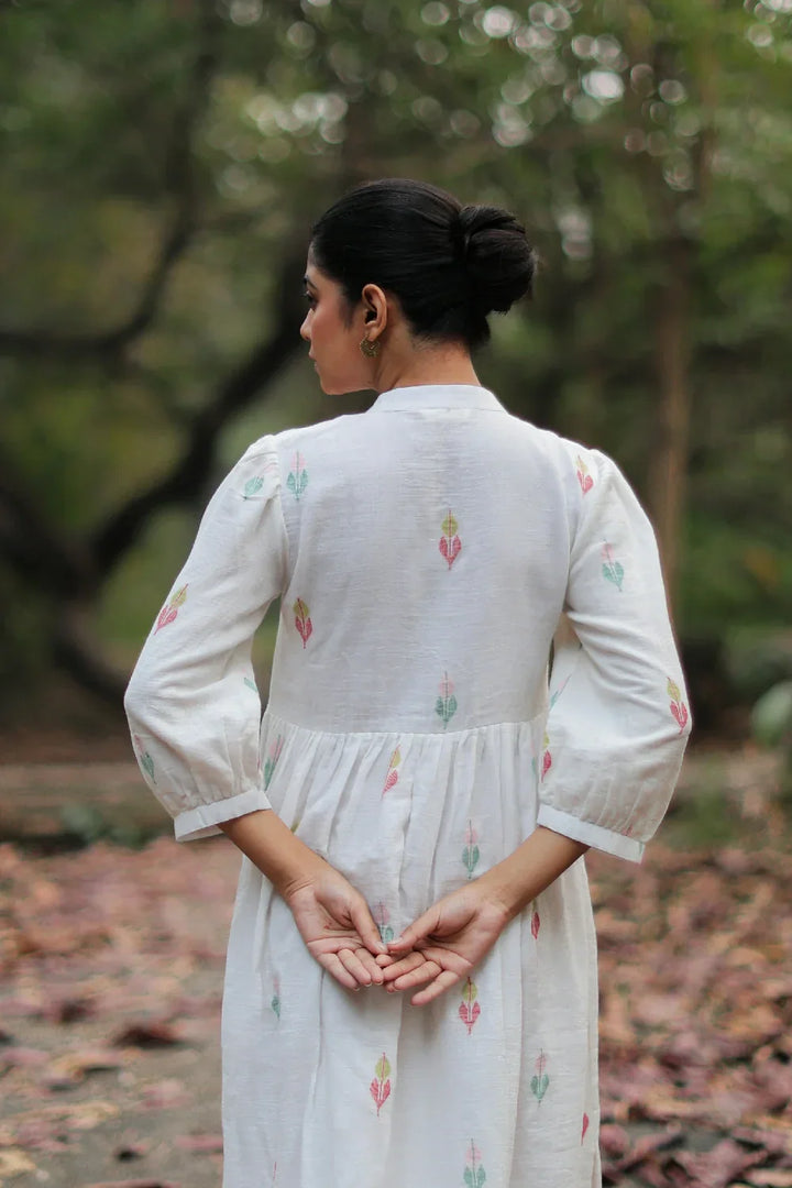 Whimsy White Cotton Jamdani Dress | SHOBITAM
