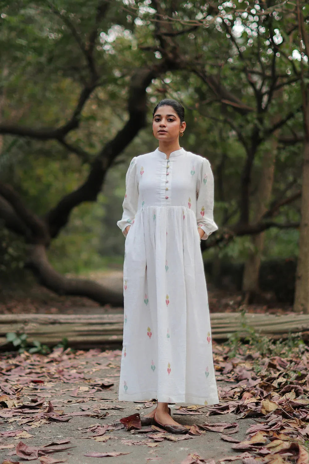 Whimsy White Cotton Jamdani Dress | SHOBITAM
