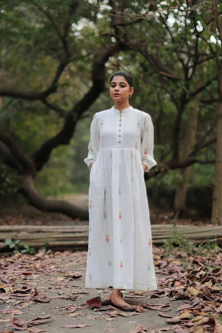 Whimsy White Cotton Jamdani Dress | SHOBITAM