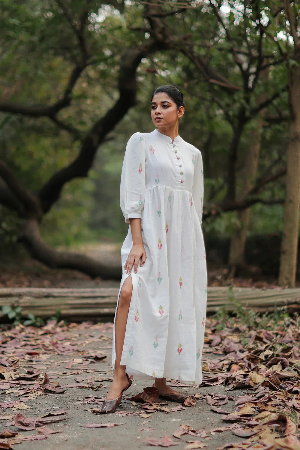 Whimsy White Cotton Jamdani Dress | SHOBITAM