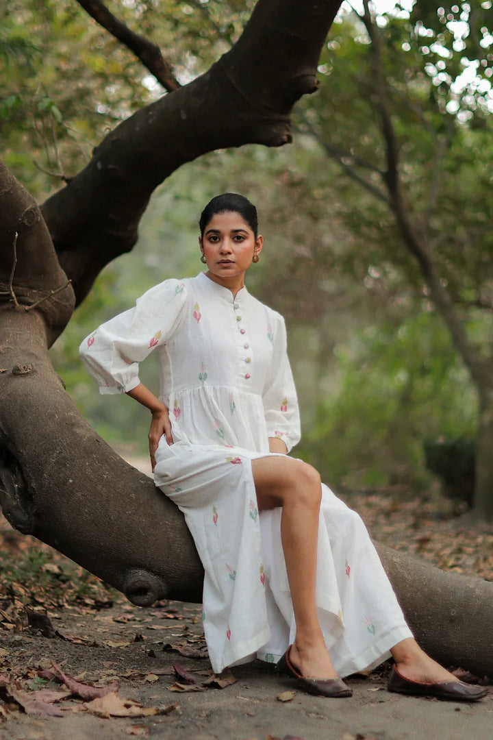 Whimsy White Cotton Jamdani Dress | SHOBITAM