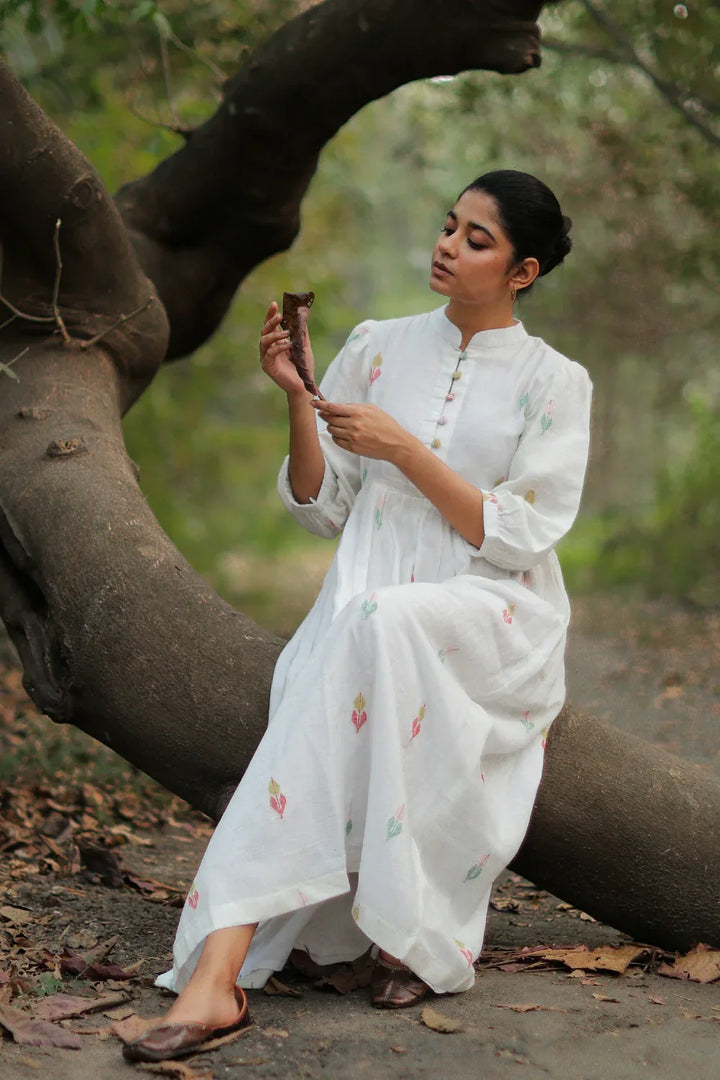 Whimsy White Cotton Jamdani Dress | SHOBITAM