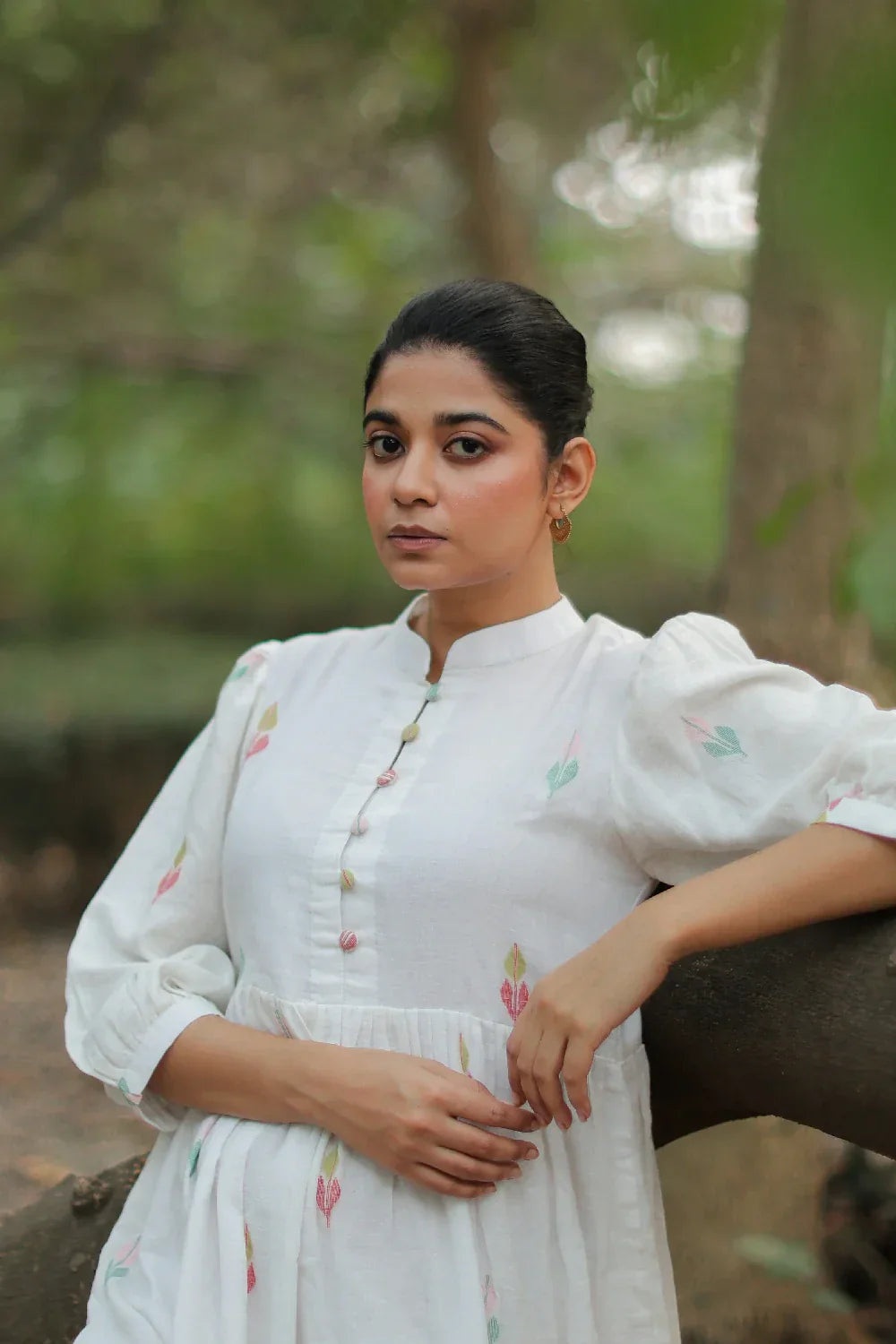 Whimsy White Cotton Jamdani Dress | SHOBITAM