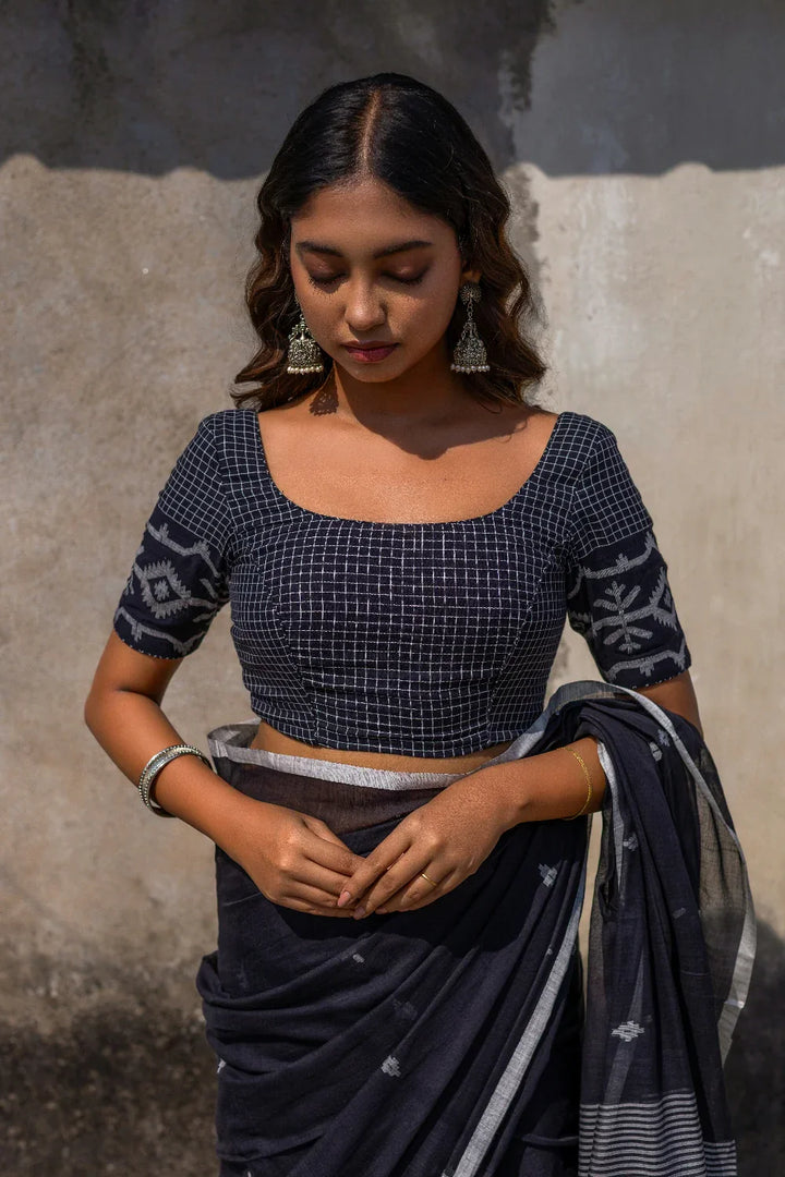 Checkmate Black Cotton Jamdani Blouse | SHOBITAM