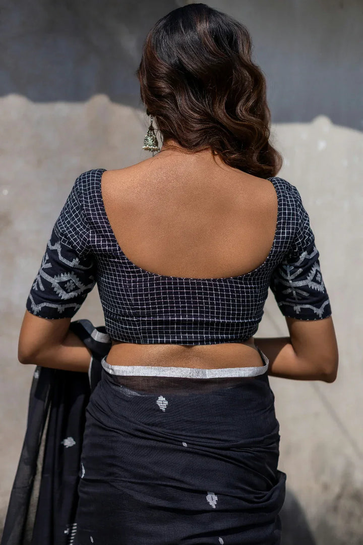 Checkmate Black Cotton Jamdani Blouse | SHOBITAM