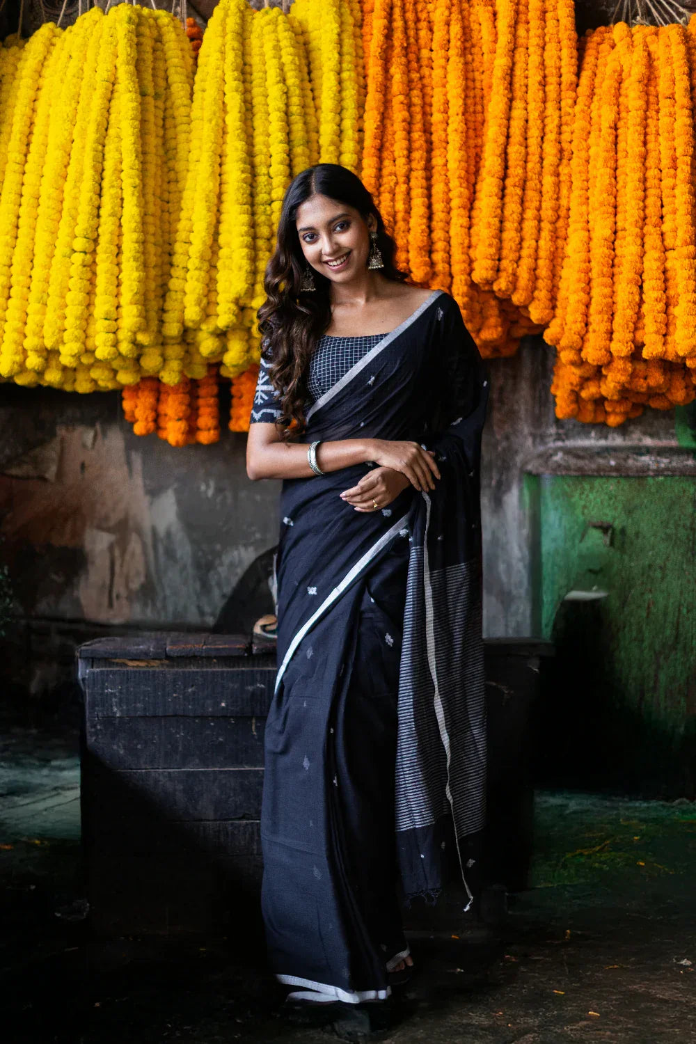 Checkmate Black Cotton Jamdani Blouse | SHOBITAM