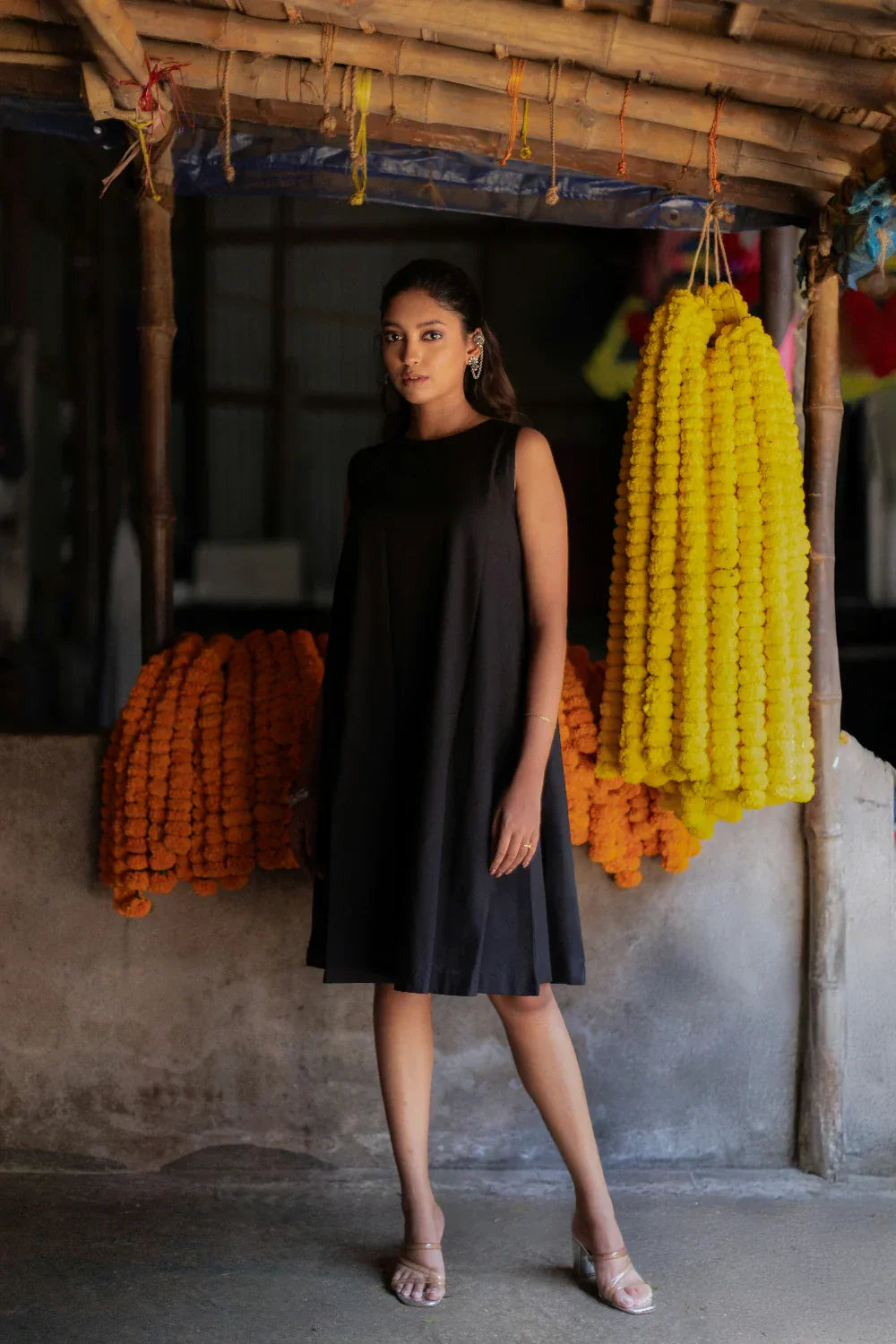 Noir Black South Cotton Dress with Shrug | SHOBITAM