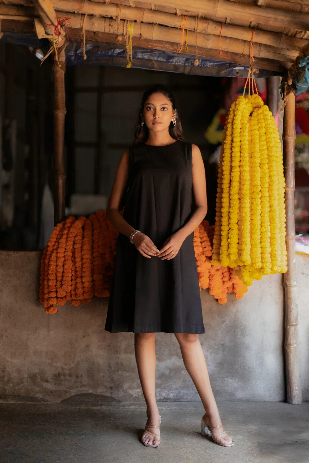 Noir Black South Cotton Dress with Shrug | SHOBITAM
