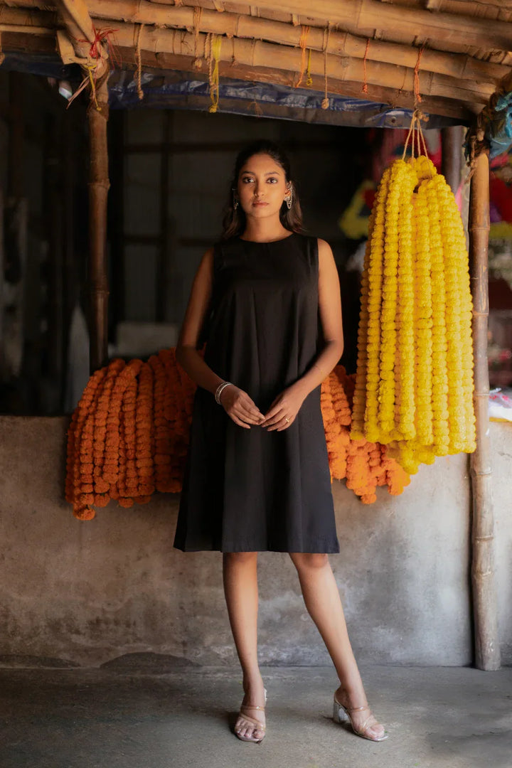 Noir Black South Cotton Dress with Shrug | SHOBITAM