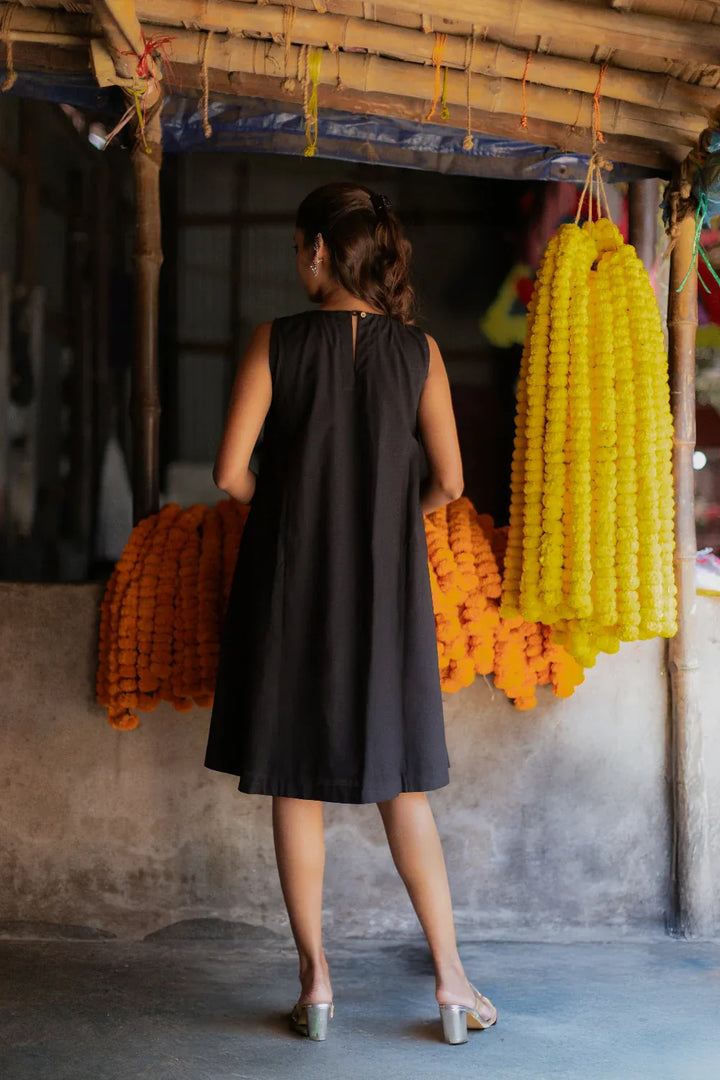 Noir Black South Cotton Dress with Shrug | SHOBITAM