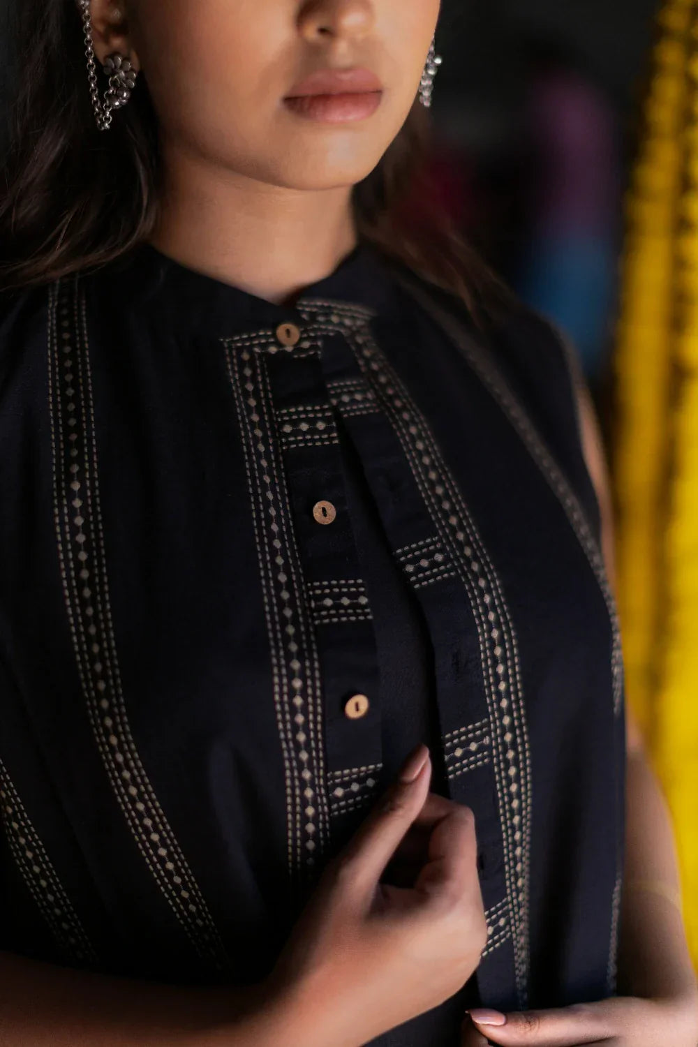Noir Black South Cotton Dress with Shrug | SHOBITAM