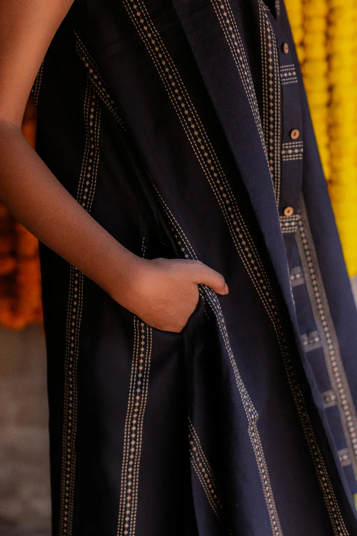 Noir Black South Cotton Dress with Shrug | SHOBITAM