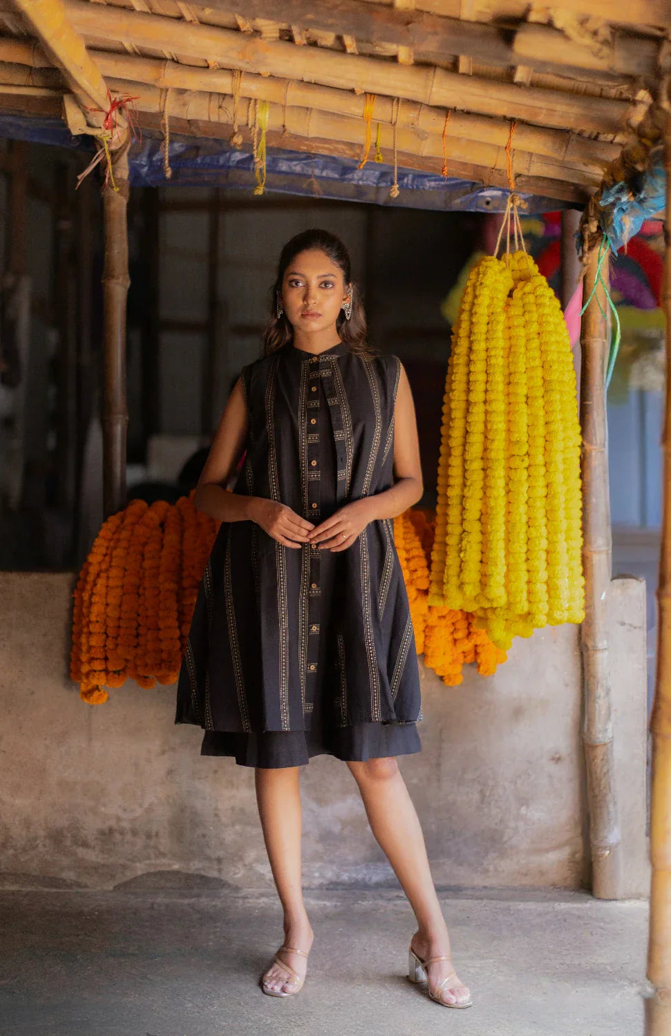 Noir Black South Cotton Dress with Shrug | SHOBITAM