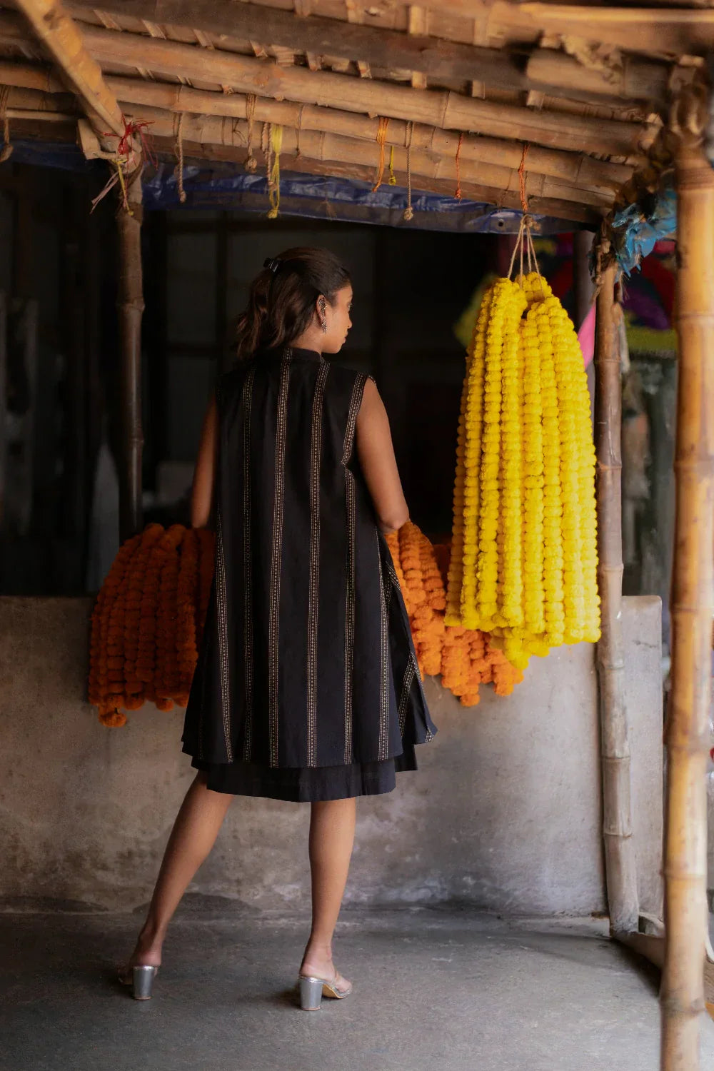 Noir Black South Cotton Dress with Shrug | SHOBITAM