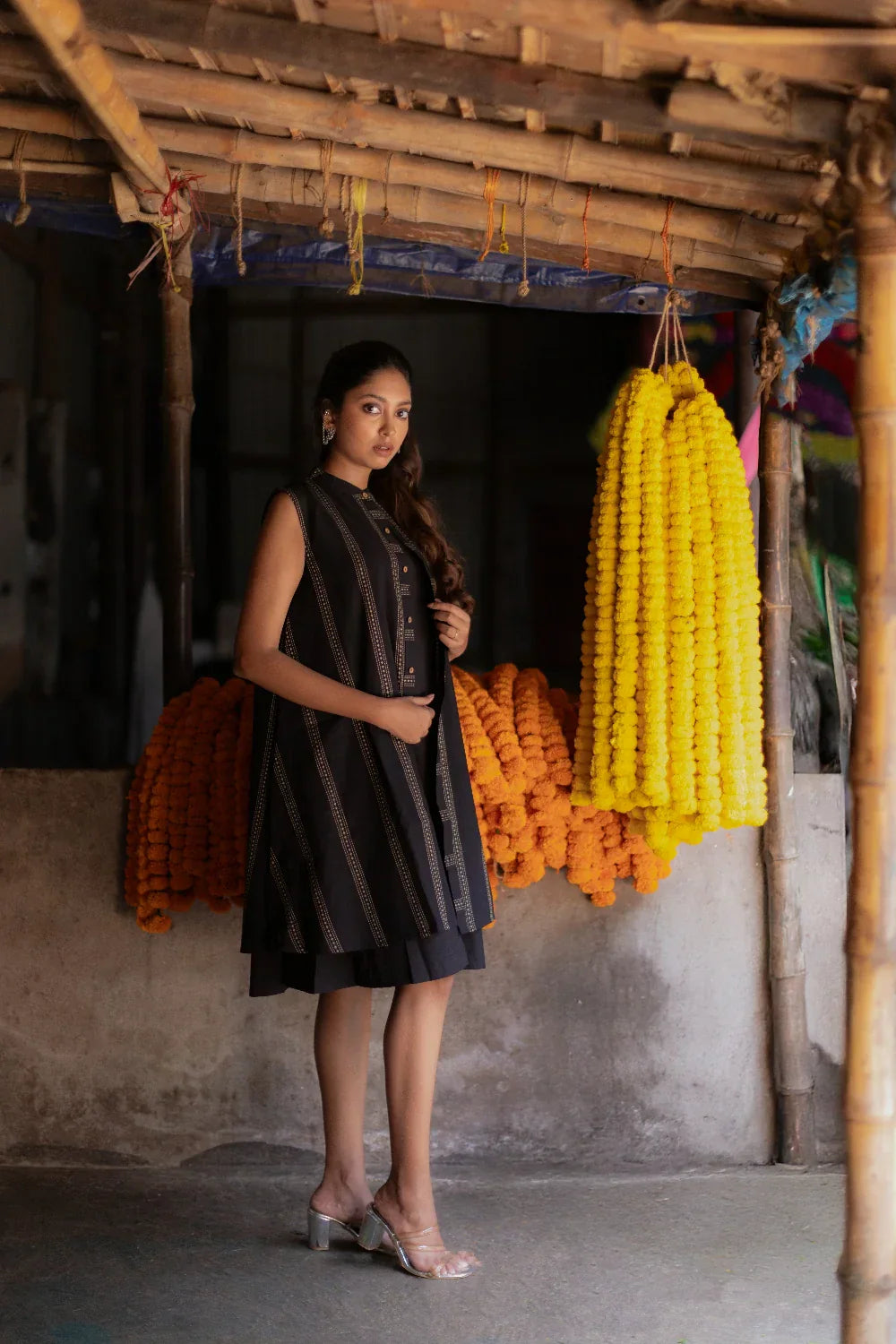 Noir Black South Cotton Dress with Shrug | SHOBITAM