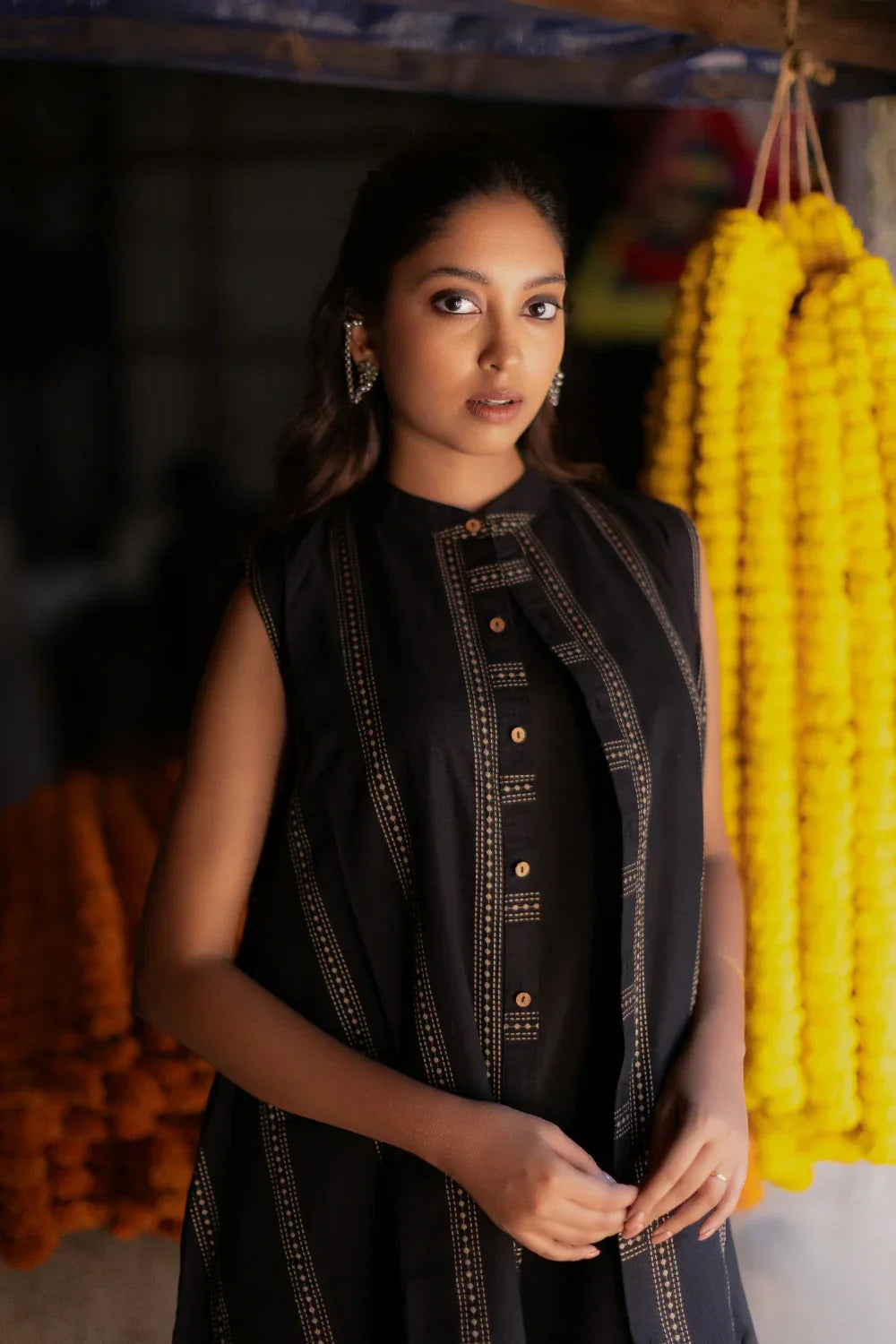 Noir Black South Cotton Dress with Shrug | SHOBITAM