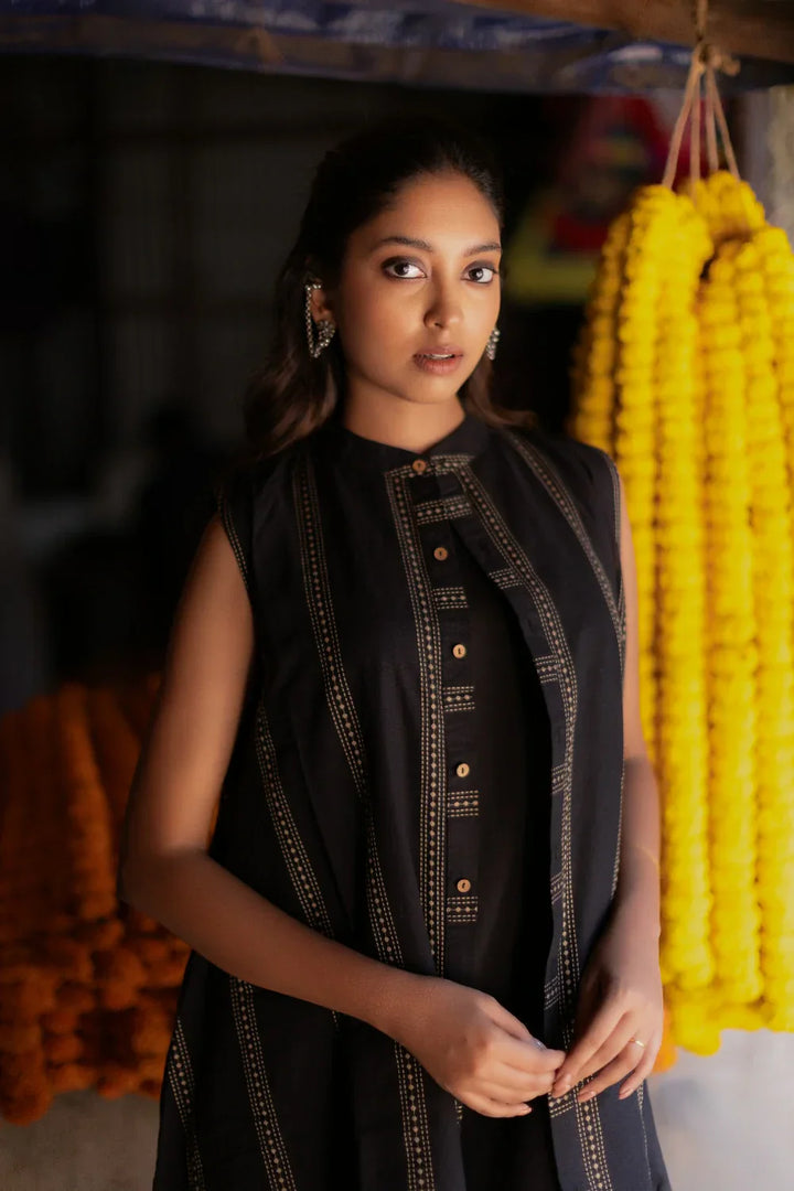 Noir Black South Cotton Dress with Shrug | SHOBITAM