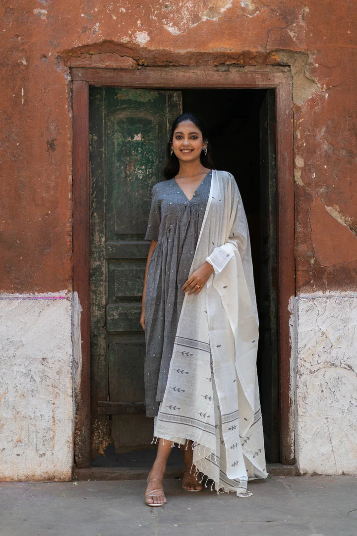 Handloom Grey Soft Cotton Jamdani Kurta Set With Dupatta | SHOBITAM