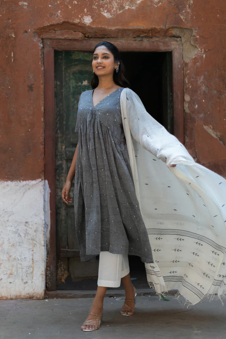 Handloom Grey Soft Cotton Jamdani Kurta Set With Dupatta | SHOBITAM