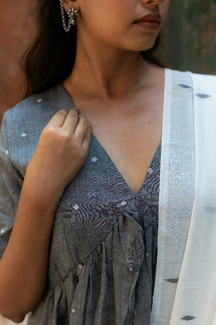 Handloom Grey Soft Cotton Jamdani Kurta Set With Dupatta | SHOBITAM