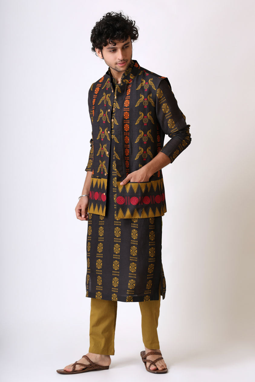 SANGHARASH BLACK MAYIL SET (kurta + pant + jacket) | SHOBITAM