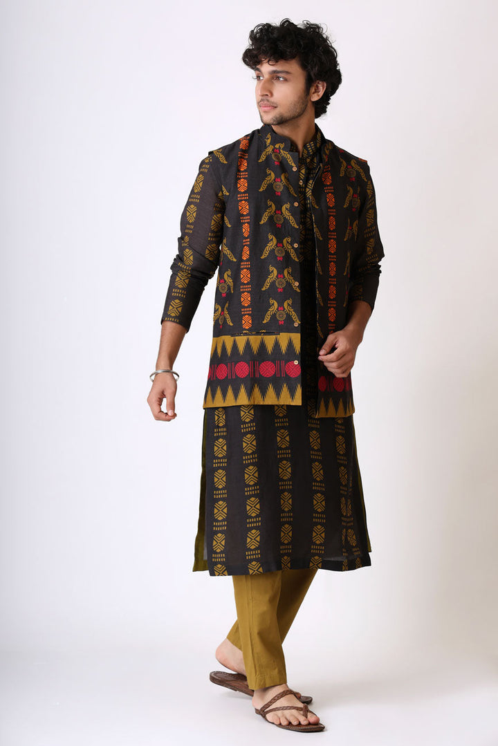 SANGHARASH BLACK MAYIL SET (kurta + pant + jacket) | SHOBITAM