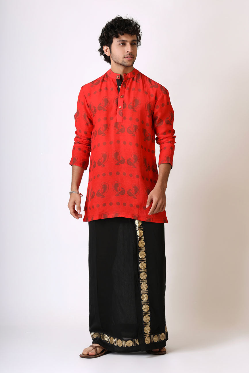 SANGHARSH BLACK-RED VESHTI + KURTA SET | SHOBITAM