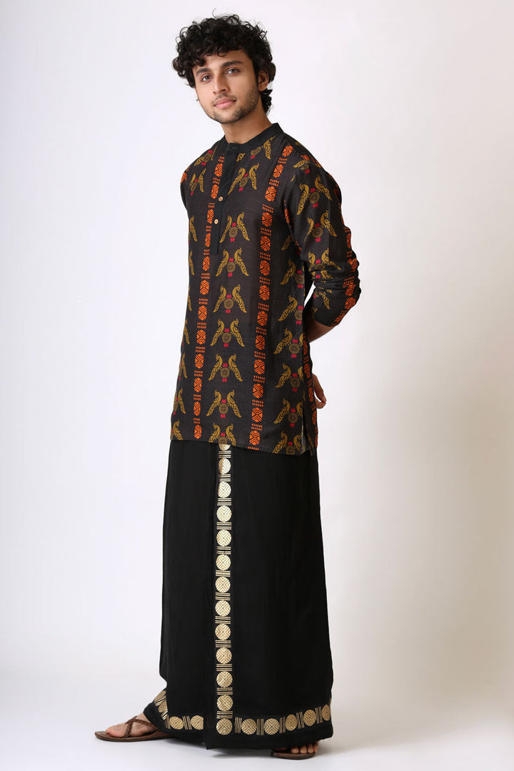 SANGHARSH BLACK ON BLACK VESHTI + KURTA SET | SHOBITAM