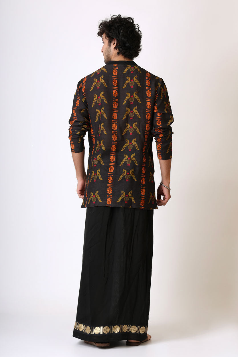 SANGHARSH BLACK ON BLACK VESHTI + KURTA SET | SHOBITAM