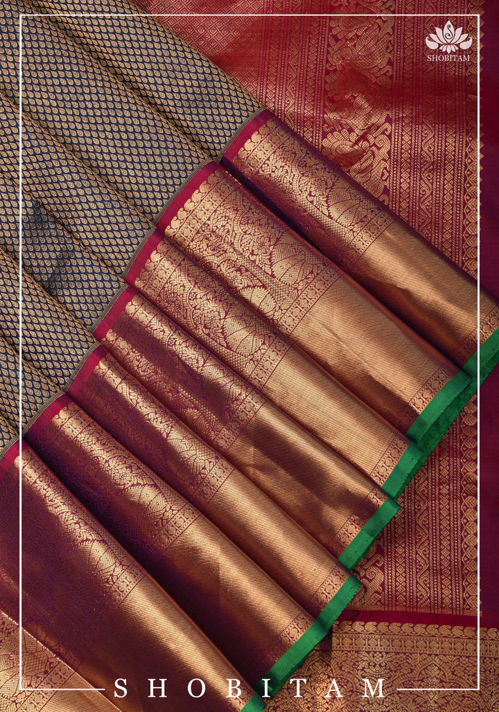 Exquisite Celebrity Special Brocade Gadwal Silk Saree in Prussian Blue gold with Wide Border | SILK MARK CERTIFIED