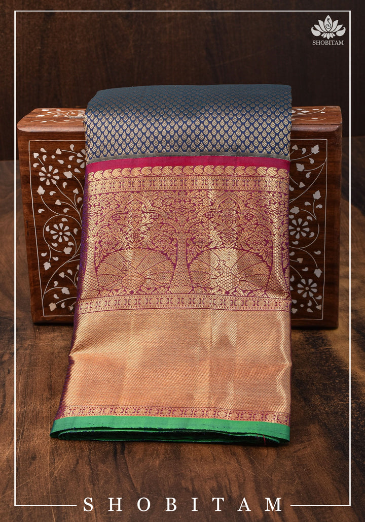 Exquisite Celebrity Special Brocade Gadwal Silk Saree in Prussian Blue gold with Wide Border | SILK MARK CERTIFIED