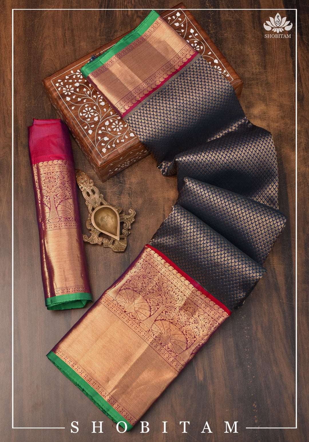 Exquisite Celebrity Special Brocade Gadwal Silk Saree in Prussian Blue gold with Wide Border | SILK MARK CERTIFIED