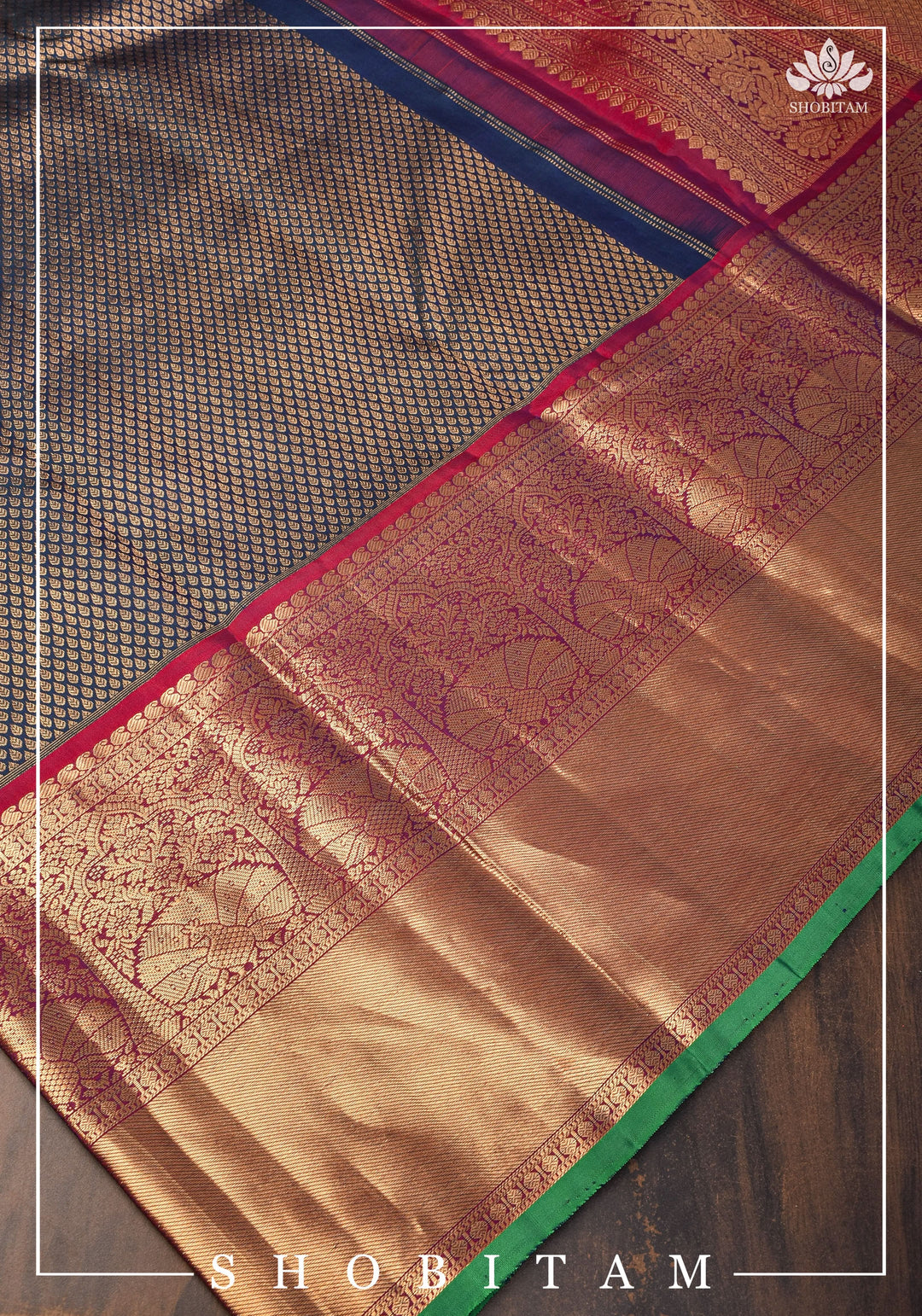 Exquisite Celebrity Special Brocade Gadwal Silk Saree in Prussian Blue gold with Wide Border | SILK MARK CERTIFIED