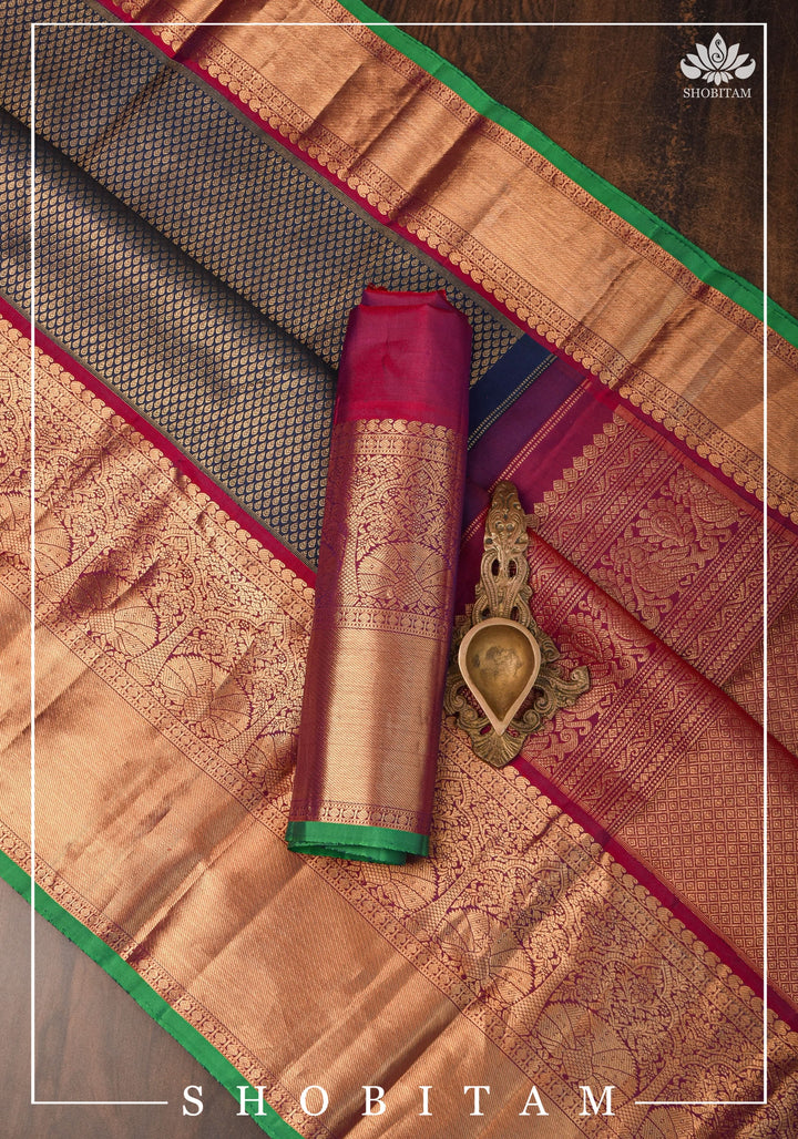 Exquisite Celebrity Special Brocade Gadwal Silk Saree in Prussian Blue gold with Wide Border | SILK MARK CERTIFIED