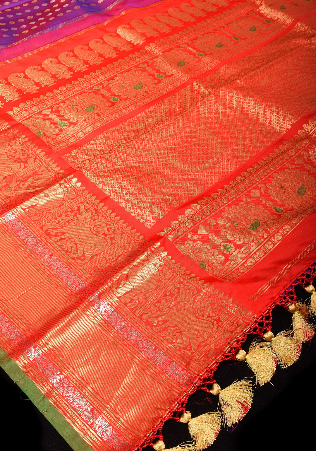Purple dual tone Gadwal Silk Saree  with dense Zari Buttas and Wide red Border | SILK MARK CERTIFIED