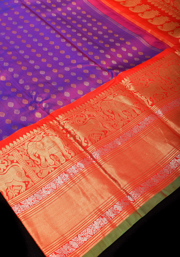 Purple dual tone Gadwal Silk Saree  with dense Zari Buttas and Wide red Border | SILK MARK CERTIFIED